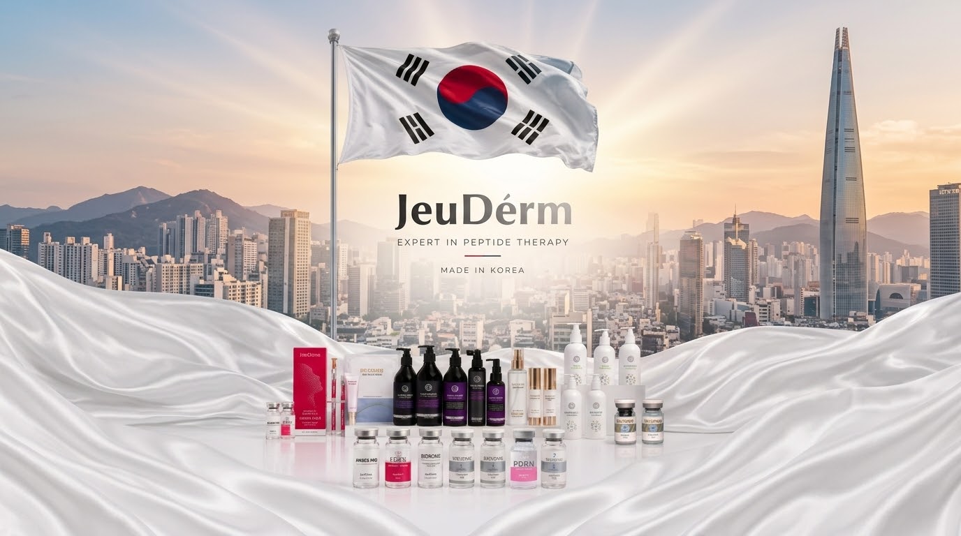 La gamme JeuDérm devant le drapeau coréen — Expert in Peptide Therapy, Made in Korea